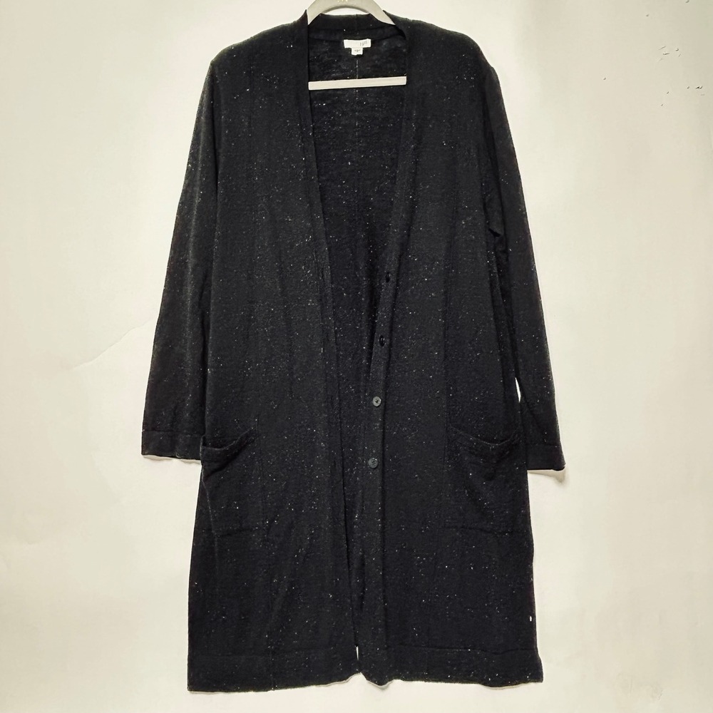 J. Jill Duster Cardigan Womens M Black Flecked Organic Cotton Knit Minimalist